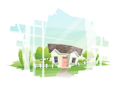 美丽的乡村景观和小房子背景矢量插图