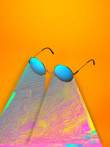 三维渲染抽象太阳镜与程式化飞溅的彩色故障。 概念炎热夏季时间派对明亮的愿景。 生动的彩色渐变镜玻璃隔离在黄色背景上