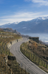 转弯路在 Valtellina, 一个谷在 Sondrio 附近在意大利北部的伦巴第地区, 毗邻瑞士