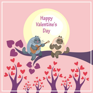情人节贺卡以可爱的猫和心的形象。彩色矢量插图。