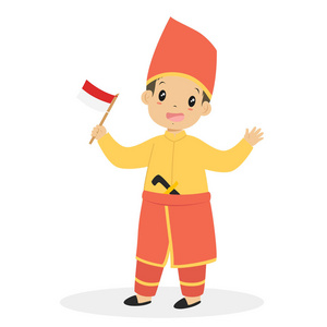 男孩穿着东南苏拉威西，传统服装，手持印度尼西亚国旗。印度尼西亚儿童，东南苏拉威西传统服饰卡通矢量