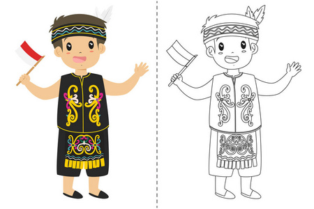 印尼男孩穿着达亚克传统服装，拿着印尼国旗。 儿童穿着印尼传统服装黑白轮廓卡通矢量着色页面。