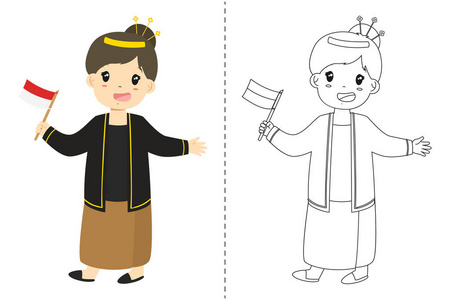 印尼女孩穿着爪哇传统服装，拿着印尼国旗。 儿童穿着印尼传统服装黑白轮廓卡通矢量着色页面。