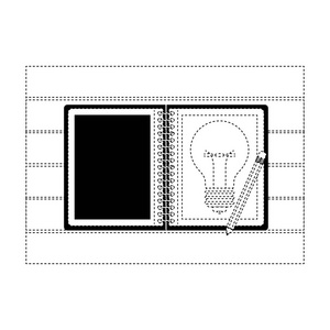 带灯泡的螺旋笔记本电脑和铅笔在顶部查看黑色虚线轮廓的办公桌