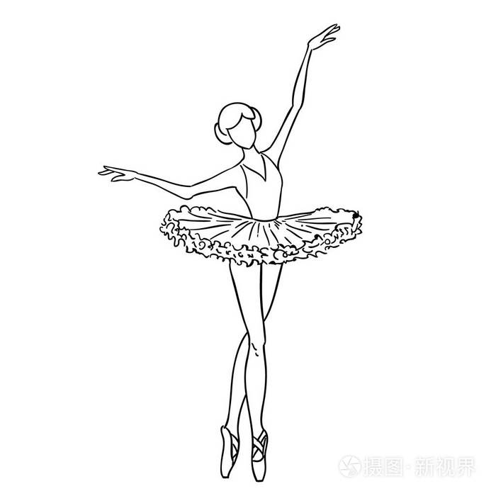 一个女孩芭蕾舞演员素描轮廓图插图黑白素描卡通涂鸦