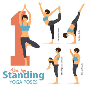 一套瑜伽体式女性数字为信息5瑜伽在一条腿站立体式在平面设计。女人物运动的蓝色运动服和黑色瑜伽裤。矢量