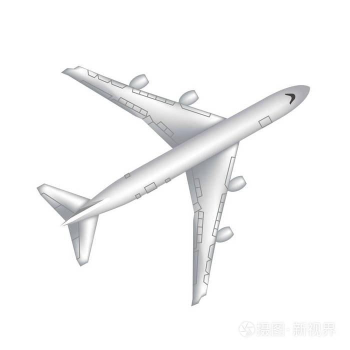 基于白色背景的详细逼真客机平面图的顶部视图