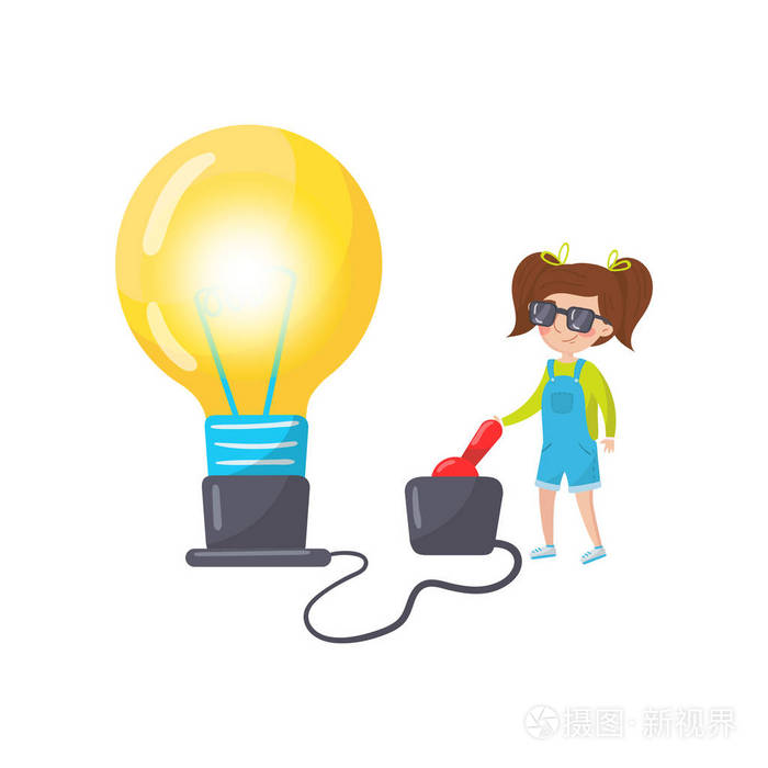 小女孩做物理实验与电,学前活动和早期的童年教育卡通矢量插图