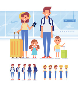 幸福的家庭一起旅行。 有孩子的父母在机场。 平面矢量插图。 人物设计。