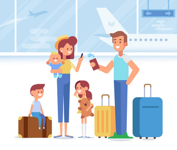 幸福的家庭一起旅行。 有孩子的父母在机场。 平面矢量插图。 人物设计。