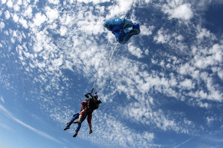 降落伞在令人惊叹的蓝天上飞翔。