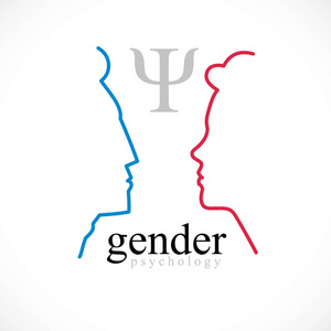 性别心理学概念是由男人和女人的头部轮廓矢量标志或象征家庭亲密关系和社会中的关系问题和冲突而产生的。经典风格简约设计..
