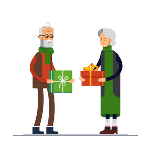 矢量平面图老年人夫妇庆祝圣诞节并赠送礼物。祖父和祖母准备庆祝