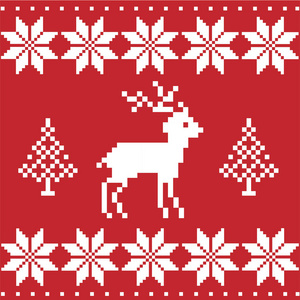 寒假贺卡用羊毛编织设计。 圣诞树雪花鹿在挪威丹麦针织毛衣风格。 红色和白色的巫术。 新年矢量插图邀请。