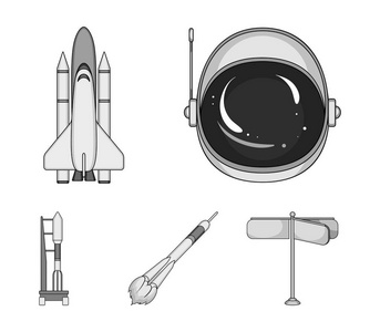 太空飞船, 货运梭, 发射台, 宇航员头盔。空间技术集合图标单色风格矢量符号股票插图网站