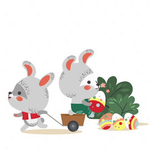 复活节兔子拉着一辆手推车, 可爱的白兔子抱着装饰的鸡蛋, 快乐的假日猎人矢量贺卡, 春兔孤立插图