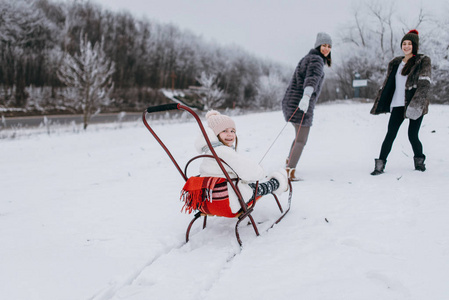 母亲和大女儿在冬天的公园里给小女儿雪橇