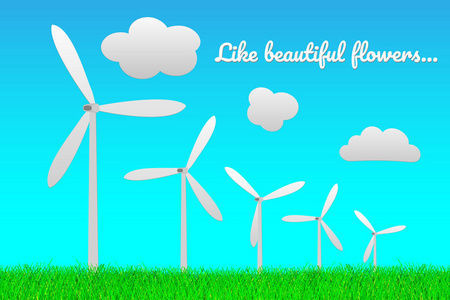 风力涡轮机就像田野上的花。 矢量插图与文本有关回收技术和绿色能源。 清洁的生态自由。