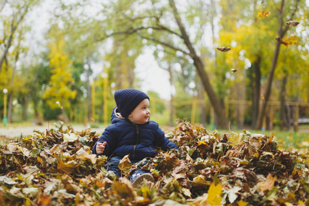 小可爱的孩子在秋天公园里走着, 坐在一堆树叶上, 扔着干枯的黄色秋叶。小男孩休息。亲子, 家庭日 5月15日, 爱, 父母, 孩