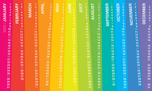 创意挂历2019具有不规则的垂直彩虹设计, 星期日精选, 英语语言。多彩多姿的模板为网, 商业, 印刷品, 明信片, 墙壁, 书