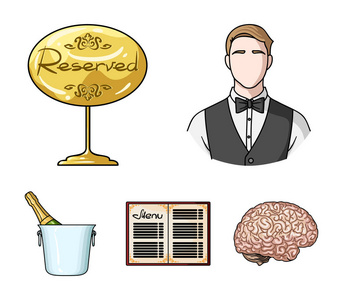 服务员, 备用标志, 菜单, 香槟在冰桶里。餐厅集合图标卡通风格矢量符号股票插图网站