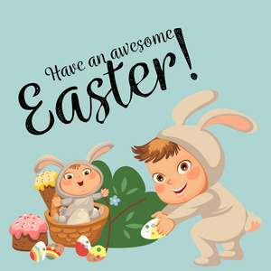 小女孩或男孩狩猎装饰巧克力蛋, 快乐的婴孩坐在篮子, 复活节兔子服装用耳朵和尾巴向量例证, 春天假日乐趣隔绝在白色, 蛋猎人