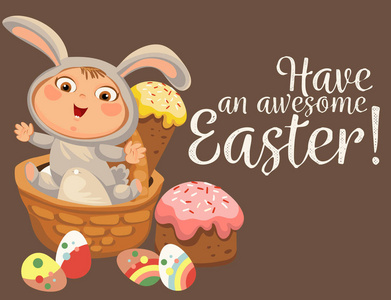 兔子尾巴小女孩或男孩狩猎装饰的巧克力蛋, 快乐的婴孩坐在篮子里, 复活节兔子服装用耳朵和尾巴, 矢量插图, 春天假日乐趣隔离在白色, 蛋照片