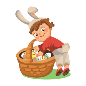 兔子尾巴小男孩的微笑狩猎装饰巧克力彩蛋复活节兔子服装与耳朵和尾巴矢量插图, 春季节日的乐趣, 孤立的白色, 逾越篮子鸡蛋猎人照片
