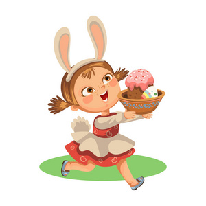 兔子尾巴小女孩微笑奔跑狩猎装饰巧克力蛋在复活节兔子服装耳朵和尾巴矢量插图, 春季假期的乐趣隔离在白色, 婴儿运行与逾越篮子鸡蛋猎人照片