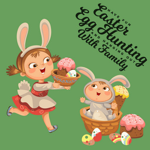 兔子尾巴小女孩微笑奔跑狩猎装饰巧克力蛋在复活节兔子服装耳朵和尾巴矢量插图, 春季假期的乐趣隔离在白色, 婴儿运行与逾越篮子鸡蛋猎人照片