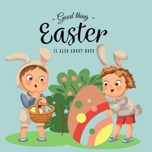 兔子尾巴小女孩或男孩狩猎大装饰巧克力蛋在复活节兔子服装与耳朵和尾巴, 矢量插图, 春季假期的乐趣隔离在白色, 婴儿抱着篮子鸡蛋猎人照片