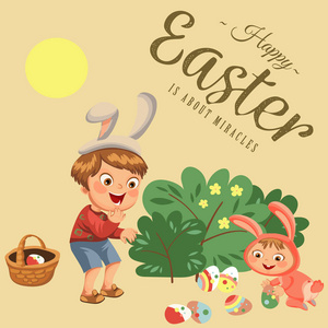 兔子尾巴小男孩的微笑狩猎装饰巧克力彩蛋在复活节兔子服装与耳朵和尾巴, 矢量插图, 春季节日的乐趣, 孤立的白色, 逾越篮子鸡蛋猎人照片