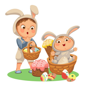小女孩或男孩狩猎装饰巧克力蛋, 快乐的婴孩坐在篮子, 复活节兔子服装用耳朵和尾巴向量例证, 春天假日乐趣隔绝在白色, 蛋猎人照片