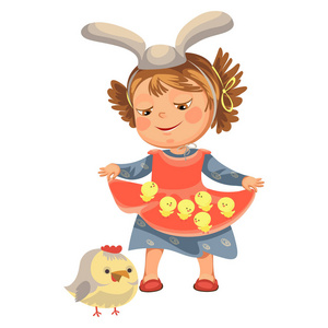 小女孩的微笑抱着她的礼服小鸡, 婴儿在围裙与兔耳头带, 复活节兔子面具为服装矢量插图, 春季假期的乐趣隔离在白色