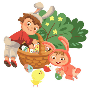 兔子尾巴小男孩的微笑狩猎装饰巧克力彩蛋在复活节兔子服装与耳朵和尾巴, 矢量插图, 春季节日的乐趣, 孤立的白色, 逾越篮子鸡蛋猎人照片