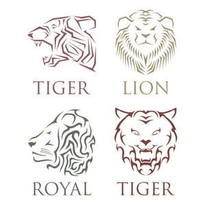 虎头皇家徽章与美丽的动物矢量手绘狮子脸插图