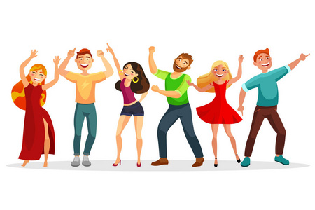 快乐的人在各种姿势中跳舞的矢量平面插图。男人和女人在白色的背景下一起跳舞。聚会上的一群人