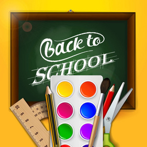 水彩颜料, 蜡笔, 剪刀, 尺子和量角器, 在黄色背景与 回到学校 文本。明亮的, 彩色的概念广告横幅或传单到学校主题