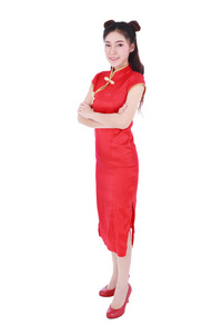 女人穿红色旗袍的概念是快乐的农历新年是