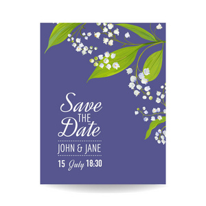 花卉婚礼请柬模板与春天百合的山谷花卉。保存日期卡, 周年晚会, Rsvp. 矢量插图