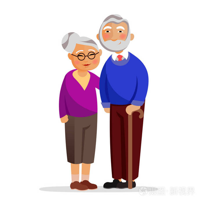 老年人被隔离在白色背景.祖母和祖父在爱情矢量平图.
