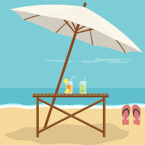 海滩景观，带桌子伞，凉鞋和卡皮里尼亚