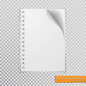 现实的螺旋记事本空白与角落的纸张在透明的背景上模拟。矢量