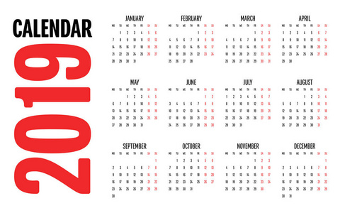 2019年日历设计模板矢量图简单清晰周周一开始