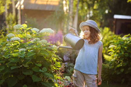 快乐的孩子在阳光明媚的夏日花园里玩小园丁和浇水绣球花小帮手的概念。 孩子们在农村度过暑假。