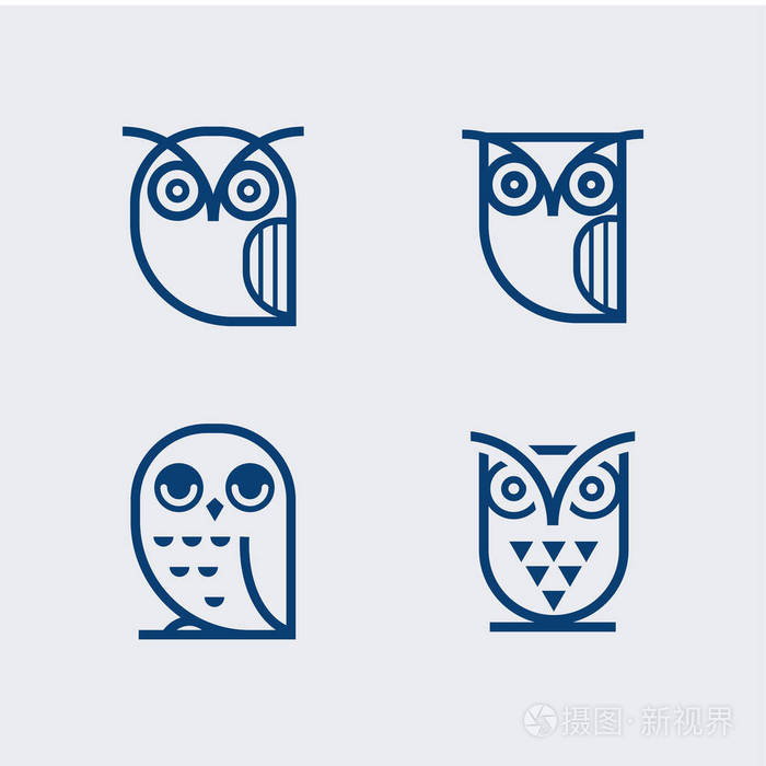 学校教育标志的轮廓猫头鹰和标志设计元素集. 独特的设计插图.