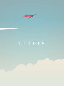 商人在高空飞翔, 成为超人的矢量概念。领导力量力量成功勇气和信心的象征