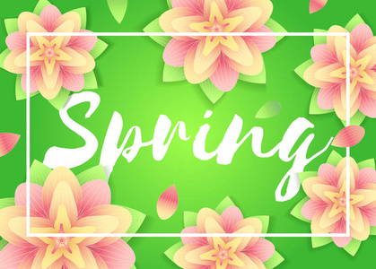 春季背景。abstrack 绿色的花朵和刻字。新鲜季节设计为传单, 邀请, 海报, 小册子, 折扣券, 销售海报或横幅。矢量排版