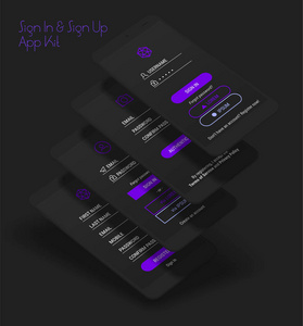 时尚的3d响应移动UI模板登录和注册移动应用程序模板在黑暗背景