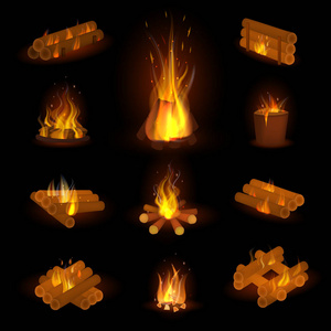 火焰或木柴矢量燃烧篝火在壁炉和易燃篝火插图火或 flamy 设置与野火隔离在透明的背景下